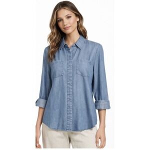 Blue‎ Saks Fifth Avenue Top Women's Size L Chambray Button Up Shirt Long Sleeve
